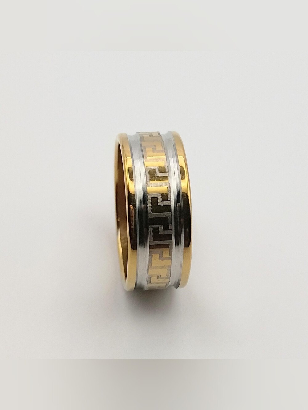 Two-Tone Greek Key Stainless Steel Ring Size 5